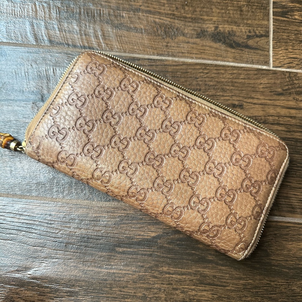 Gg Gucci Signature Bamboo Zip Around Leather Continental Wallet
